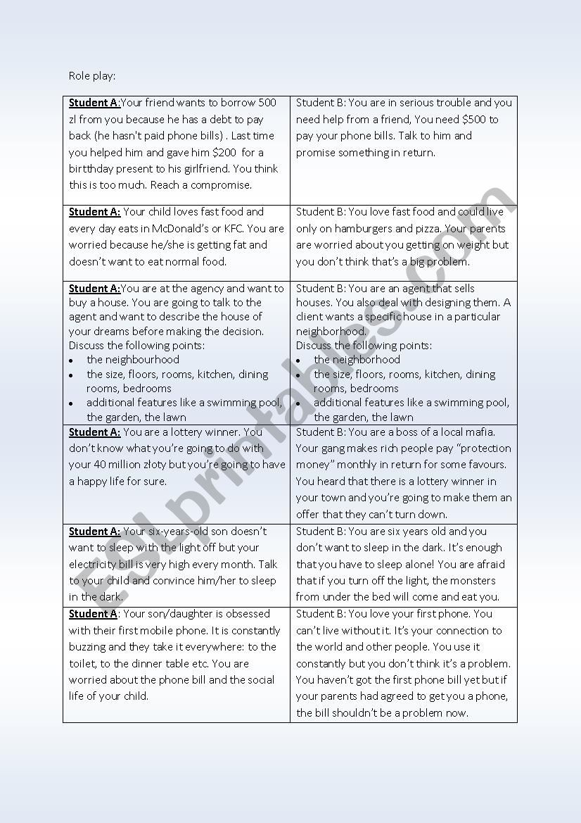 Role playing - speaking worksheet