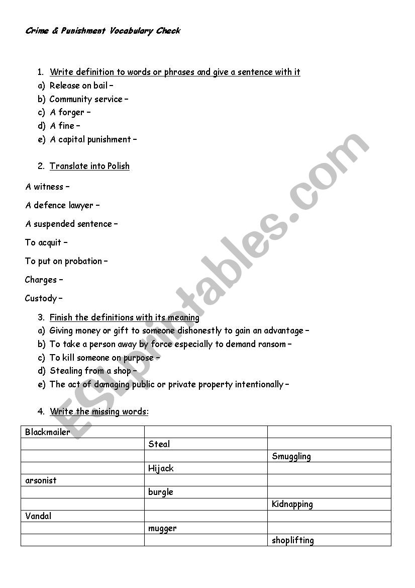 Crime & Punishment vocabulary test