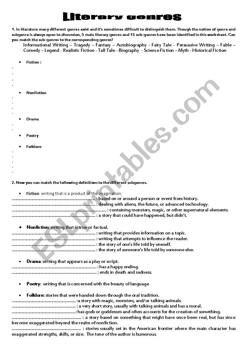 Literary genres worksheet