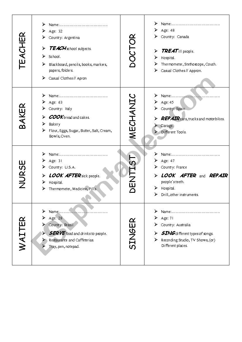 JOBS CARDS ROLE-PLAY worksheet