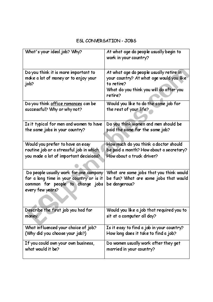 Conversation cards - jobs worksheet