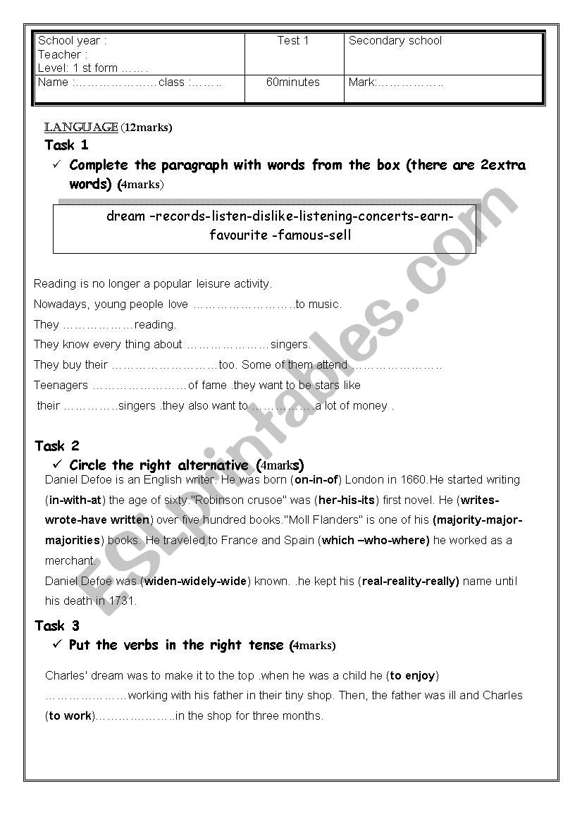 mid -term  test n 1 for first form