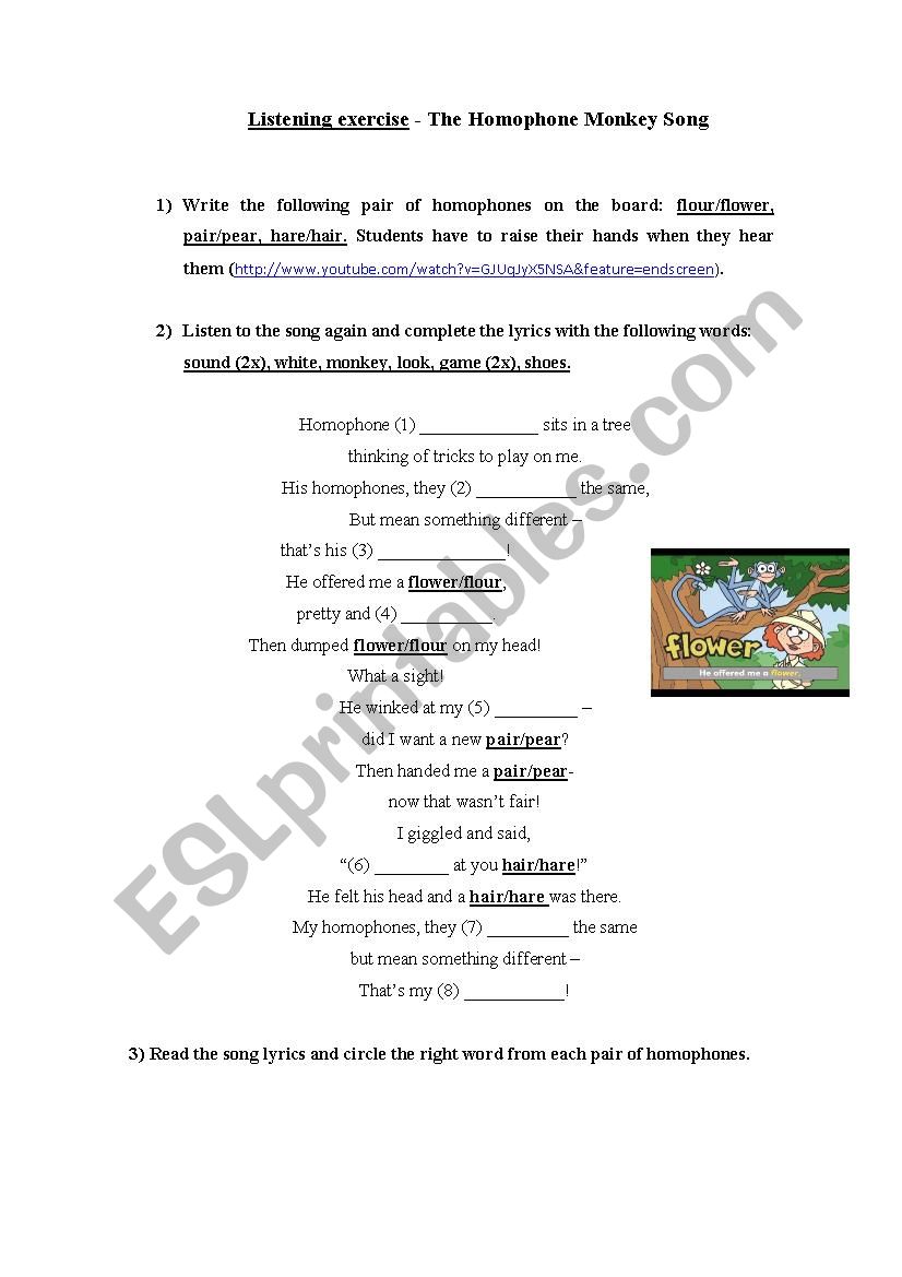 The Homophone Monkey song worksheet