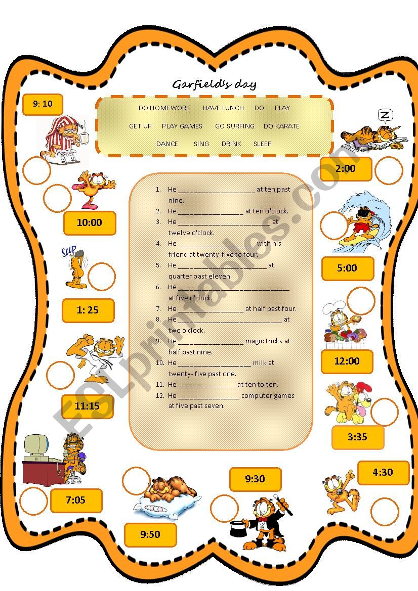 garfieldÂ´s day worksheet
