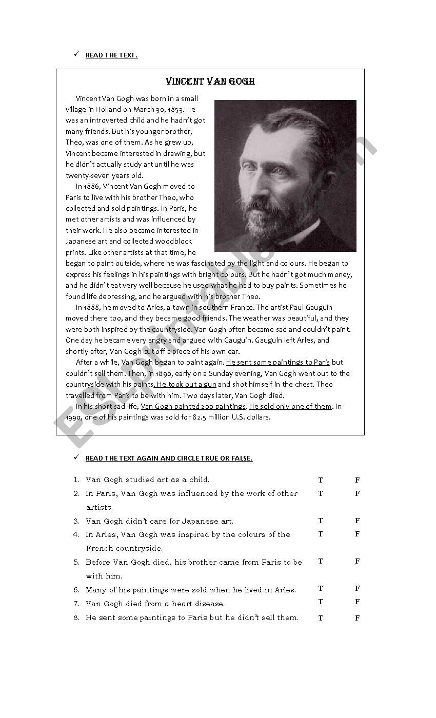 Vincent Van Gogh- biography worksheet