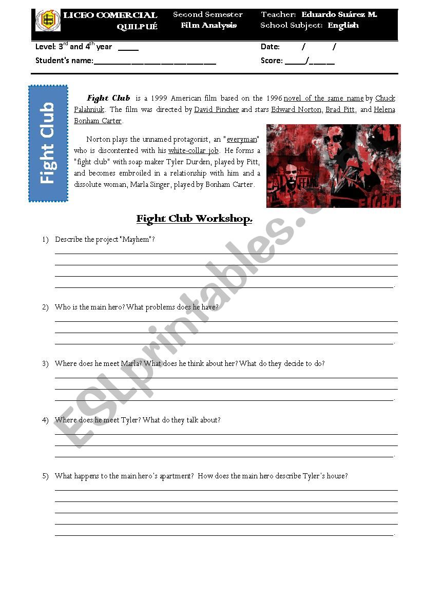 Fight Club - Movie analysis worksheet