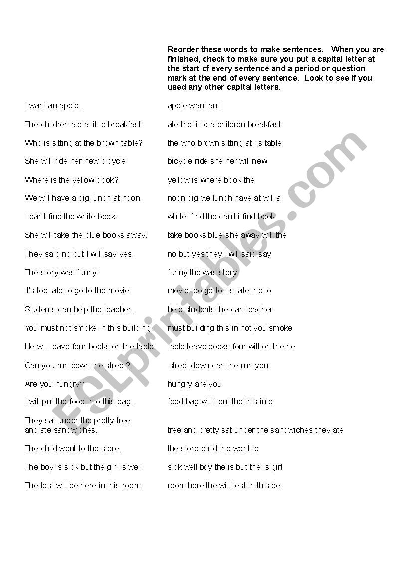 Worksheet to order early Dolch words into sentences