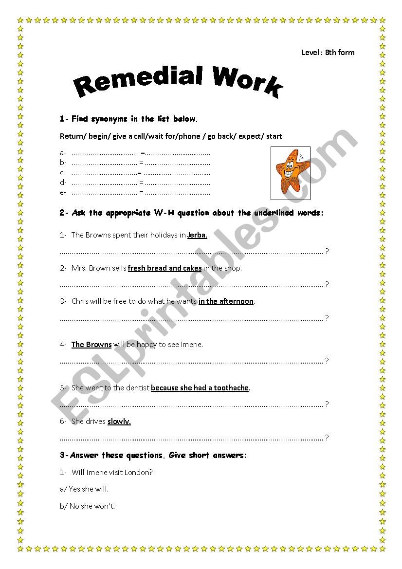 Remedial Work ( Tenses) worksheet
