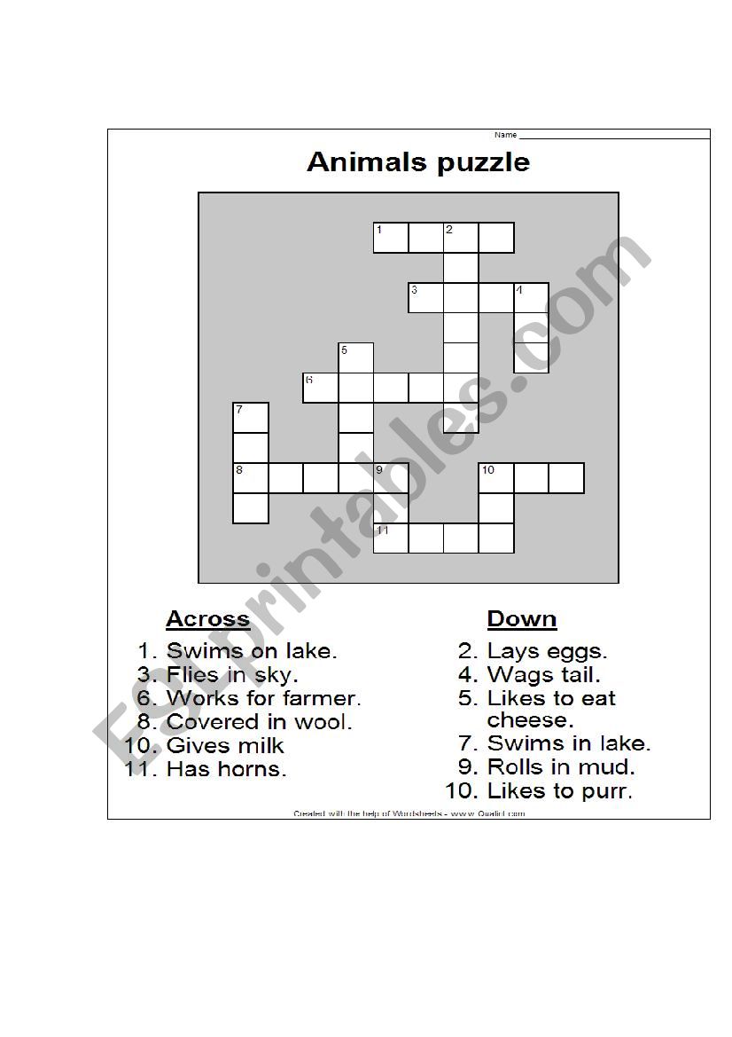 Crosswords animals worksheet