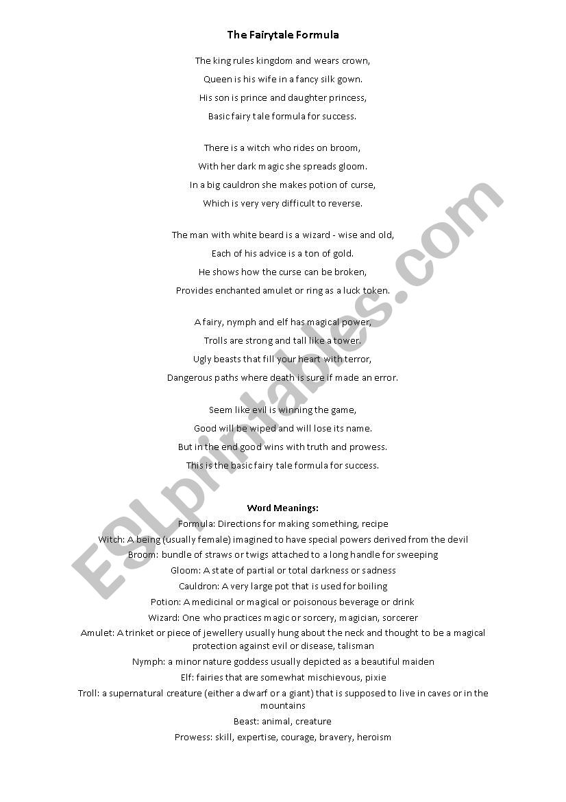 Fairy Tale Formula worksheet