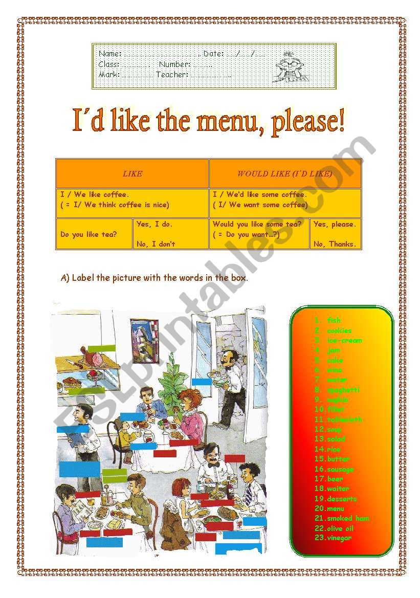 Id like the menu, please worksheet