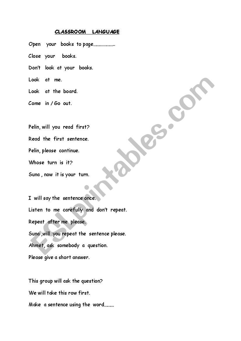 CLASSROOM LANGUAGE worksheet