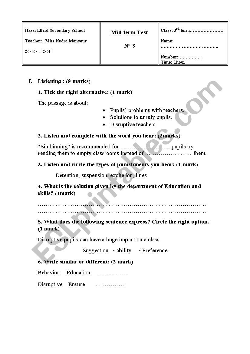 Mid term test 3rd year Tunisian Students