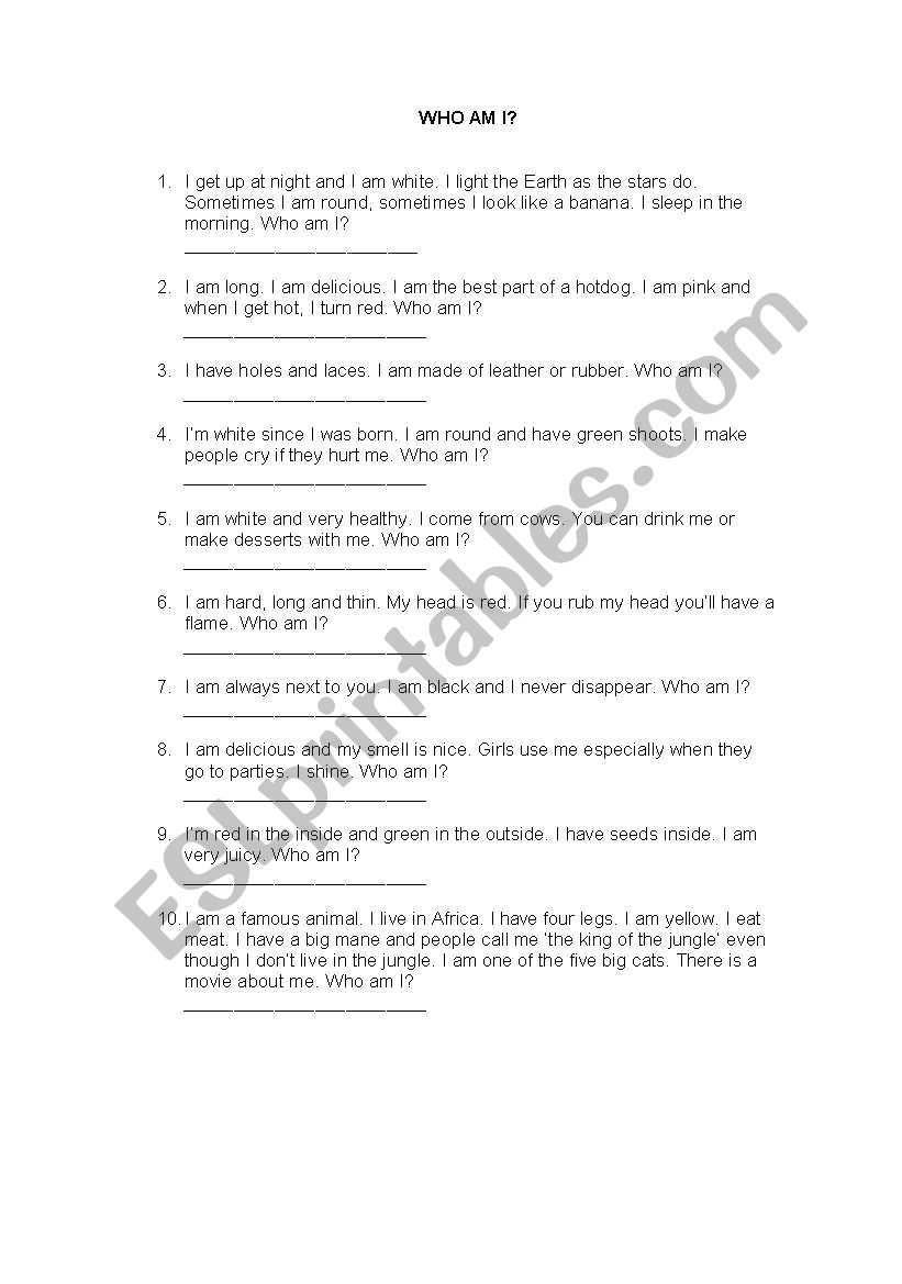 WHO AM I? worksheet