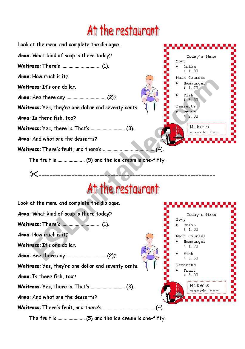 At the restaurant worksheet