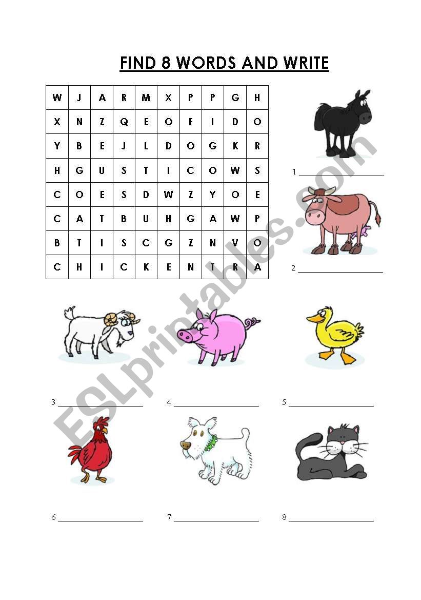 Wordsearch-Farm Animals worksheet