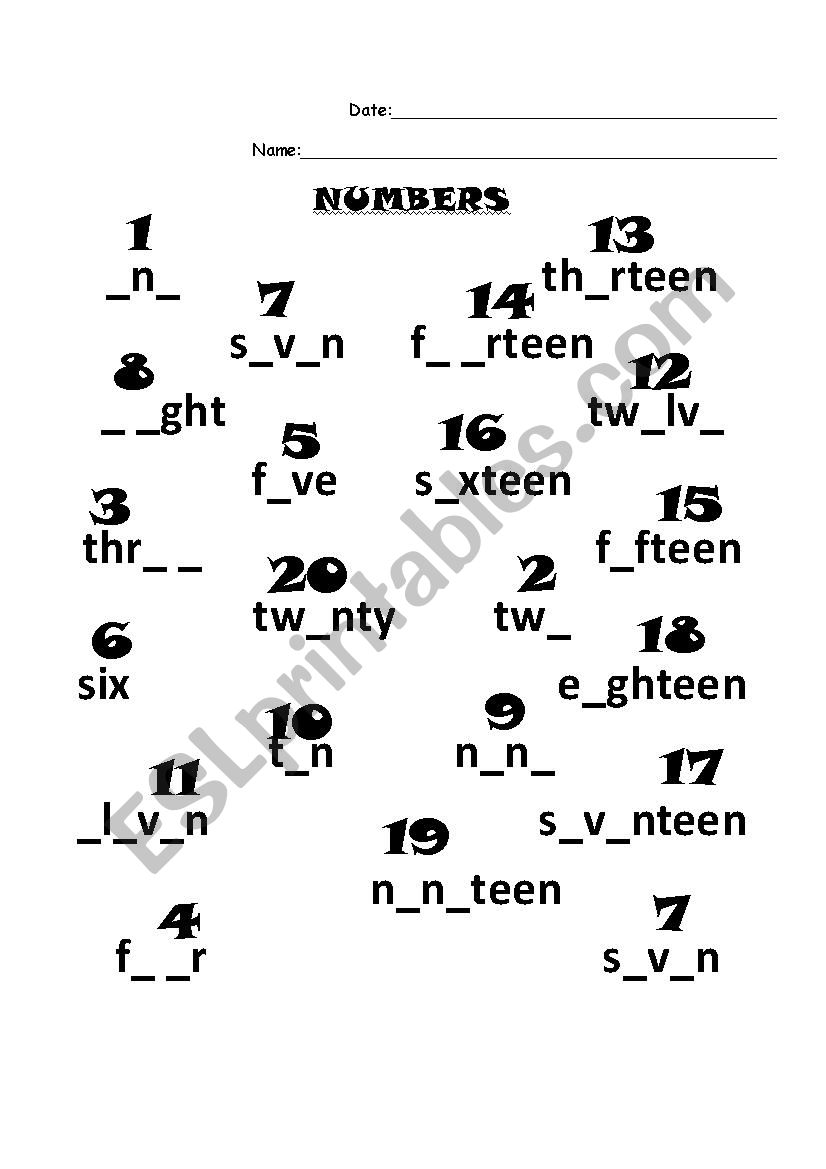 gap fill numbers 1-20 worksheet