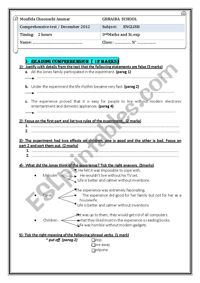 3rd form comprehensive test worksheet