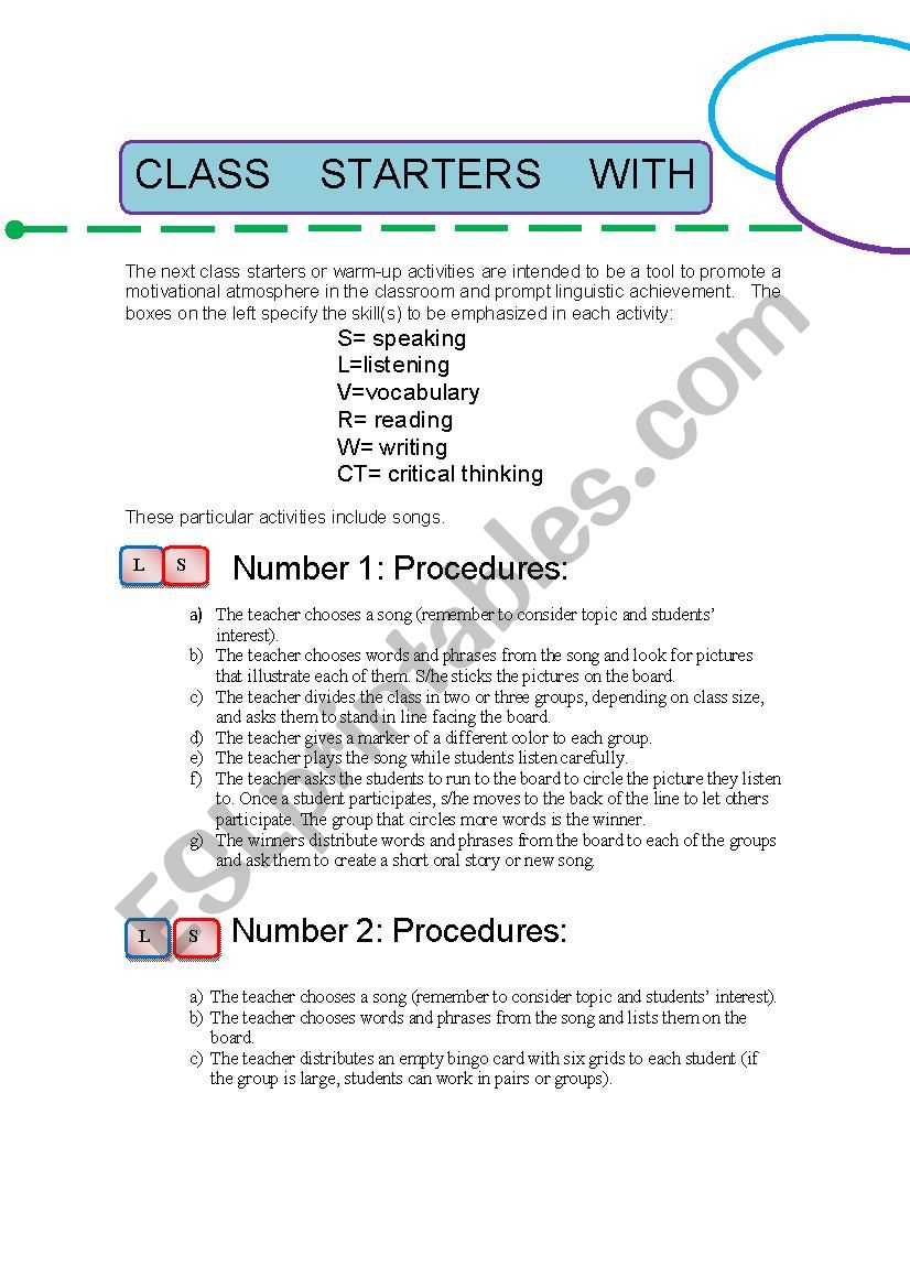 class starters with songs worksheet