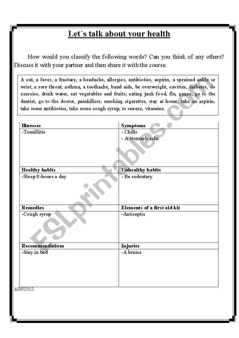 Vocabulary about health worksheet