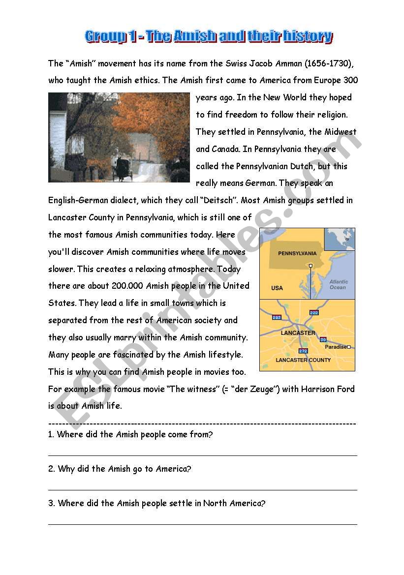 Text about Amish people worksheet