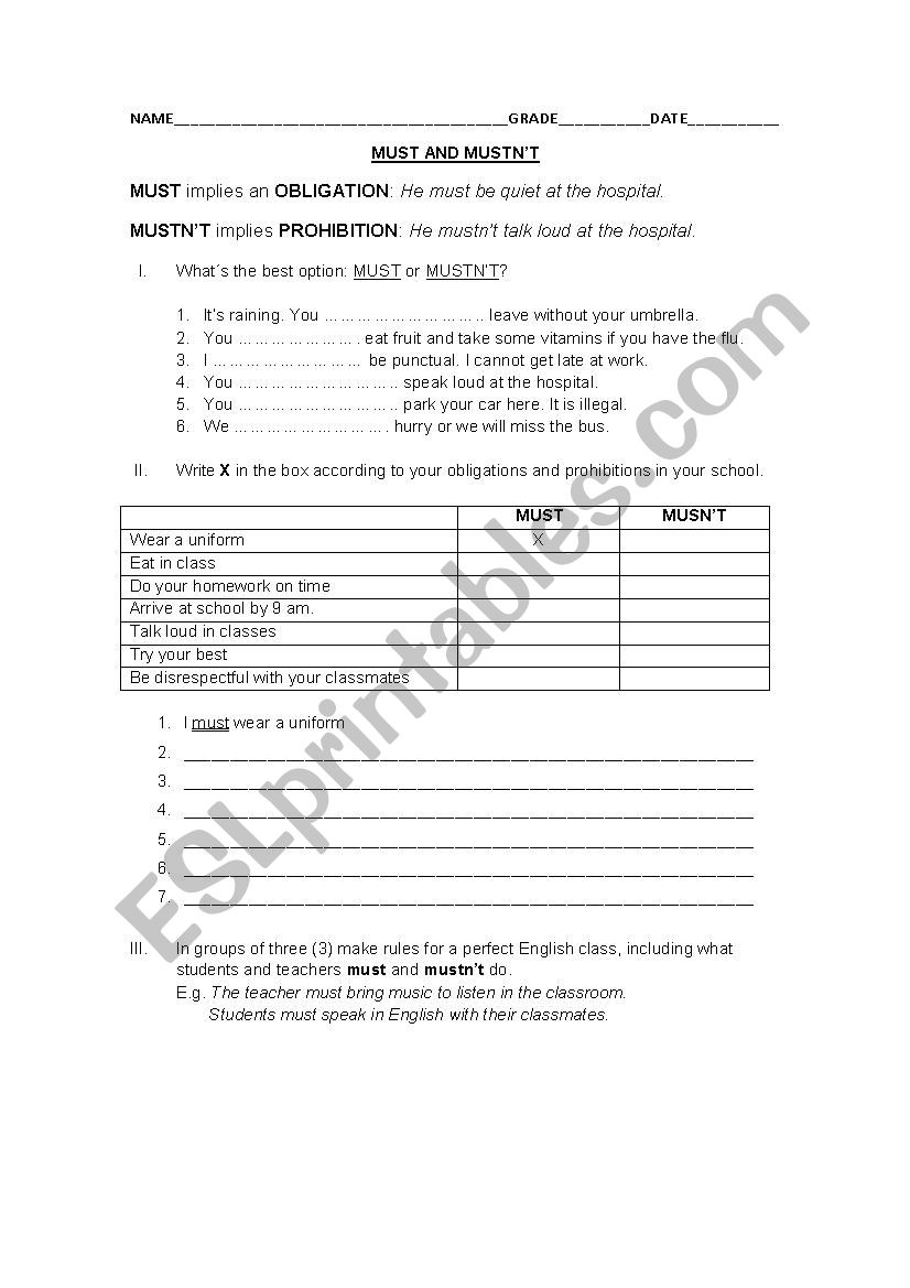 Must and musnt worksheet worksheet