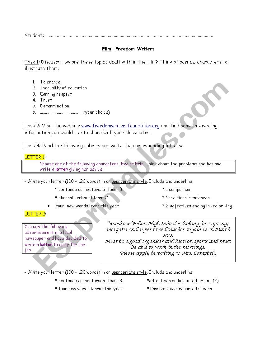 Freedom Writers worksheet