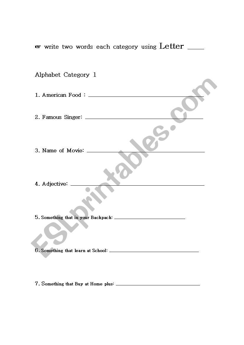 alphabetical category worksheet