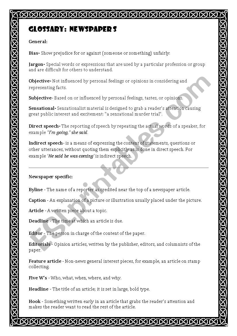 Newspapers introduction worksheet