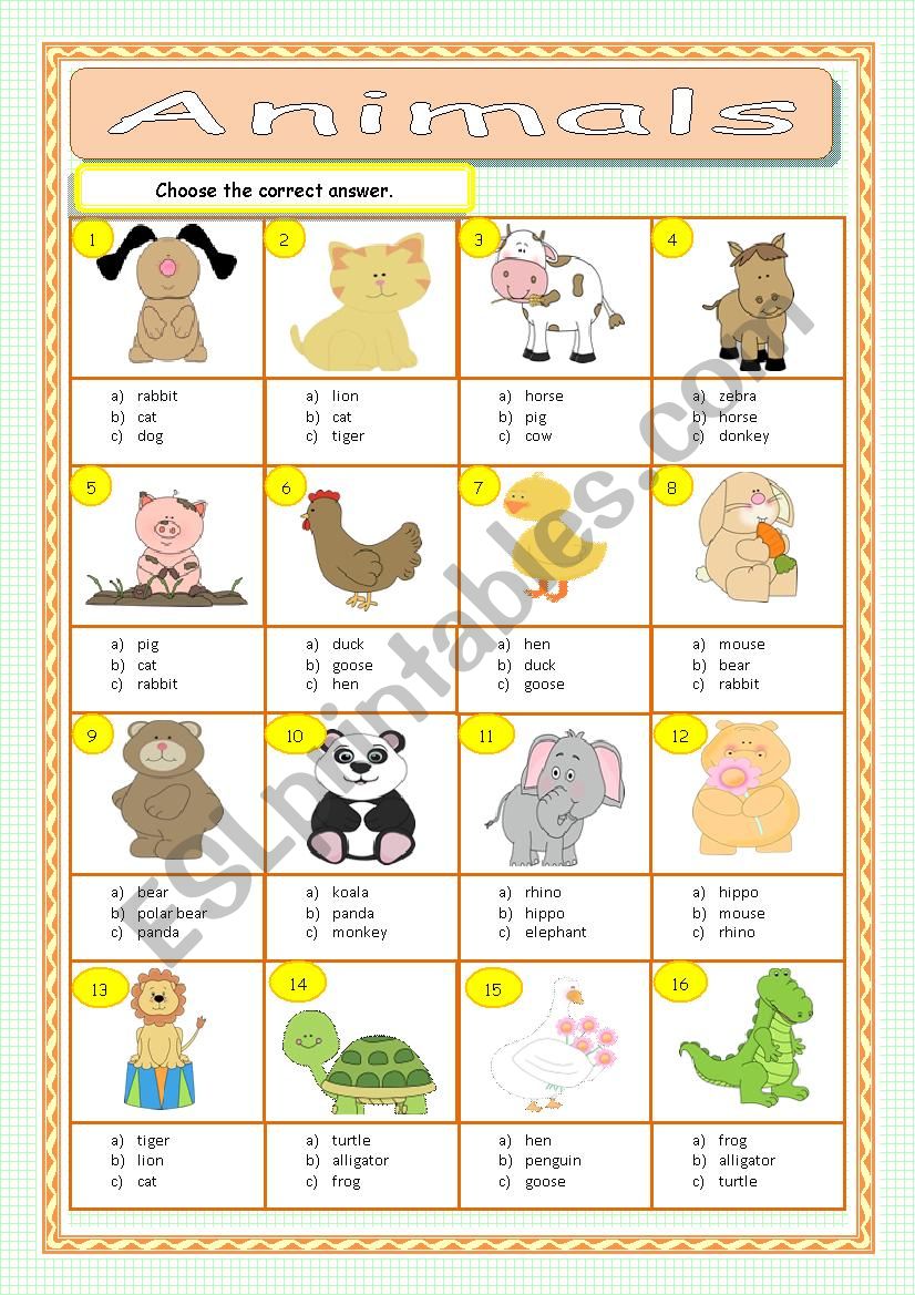 Animals - Multiple Choice worksheet