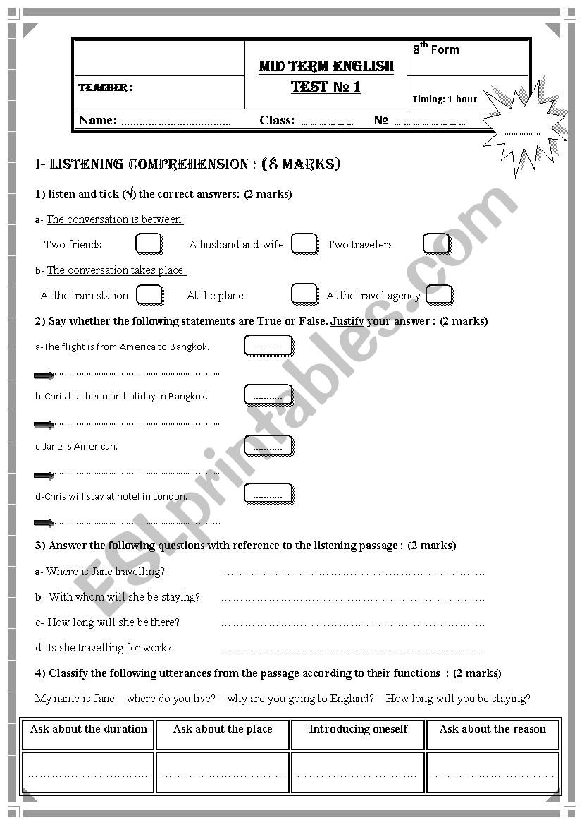 exam n 1 for 8 th level  worksheet