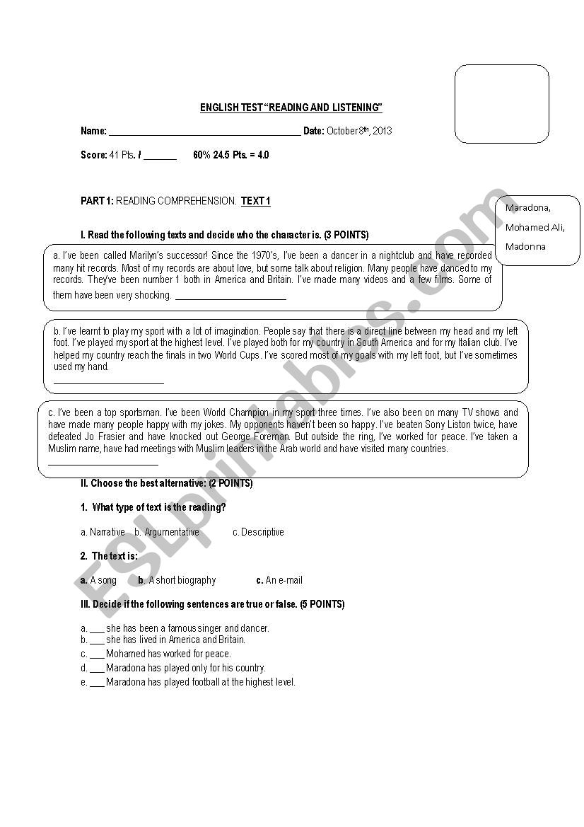 Listening and reading worksheet
