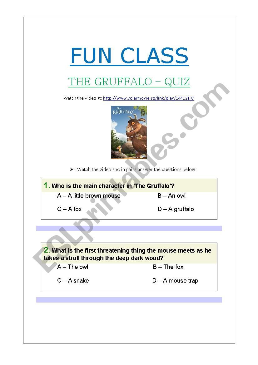 THE GRUFFALO - QUIZ worksheet