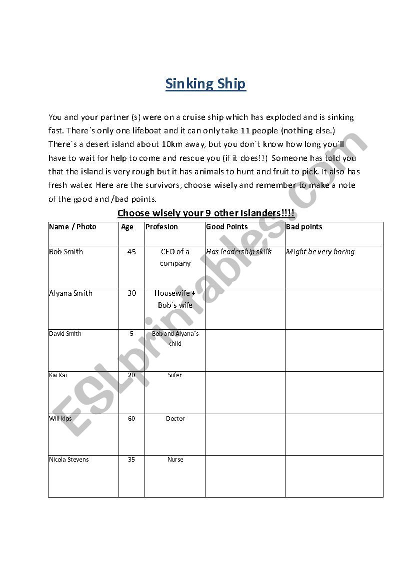 Sinking Ship worksheet