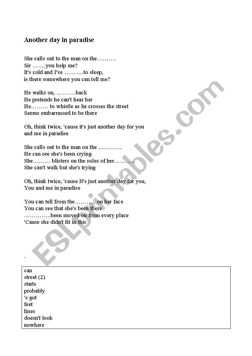 Another Day in Paradise - ESL worksheet by setxump