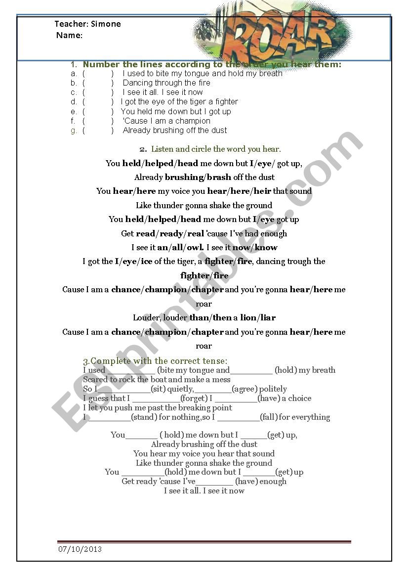 Roar Katty Perry  worksheet