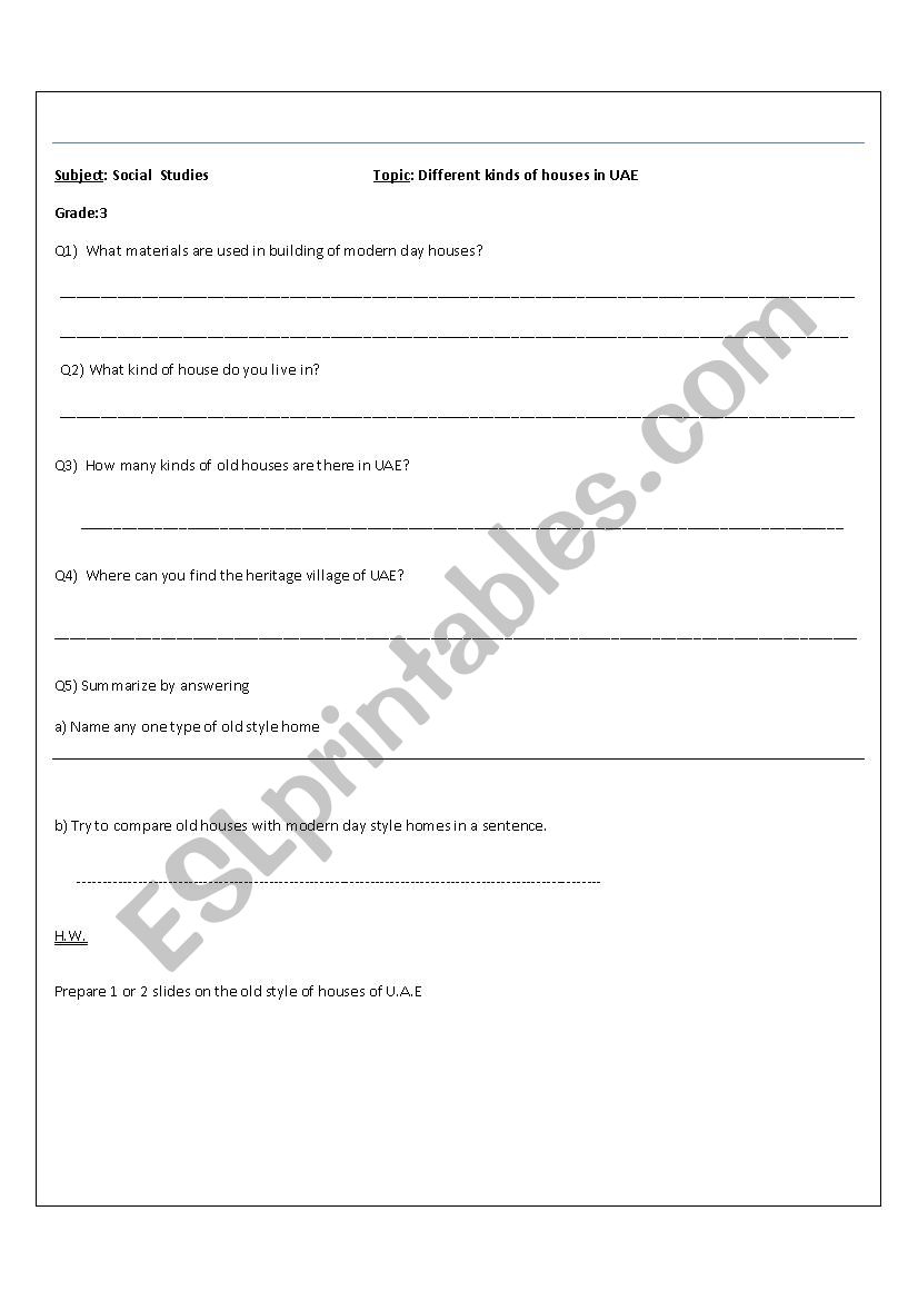 Different houses in UAE worksheet