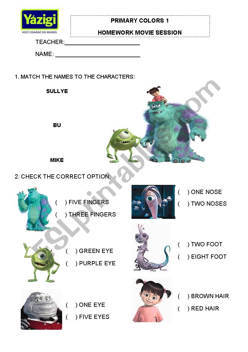 Monster Inc worksheet