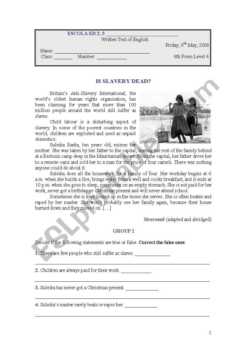 written test - 8th form worksheet