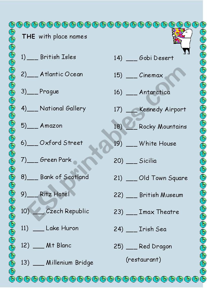 THE with place names worksheet