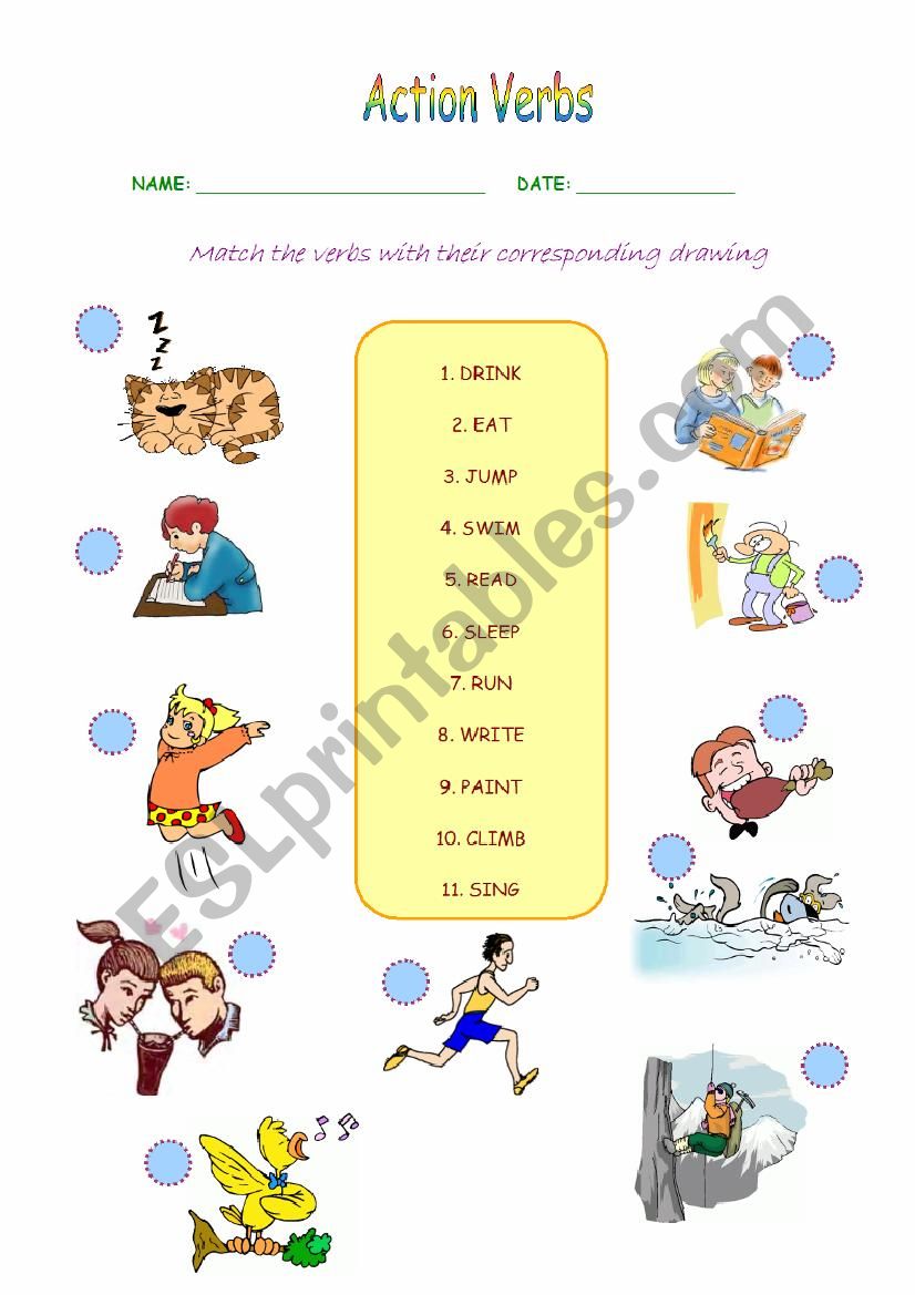 Action Verbs Matching worksheet