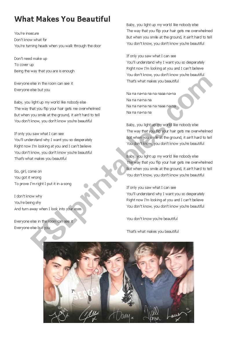 One Direction What Makes You Beautiful Esl Worksheet By Babohl