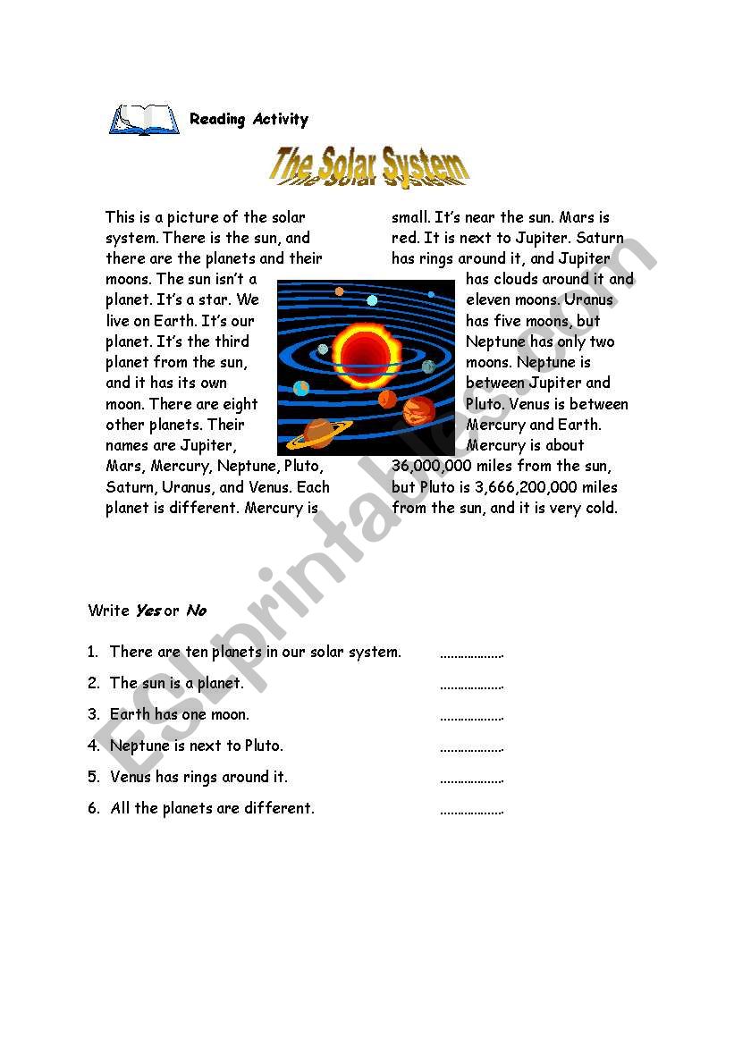 The Solar System - reading activity