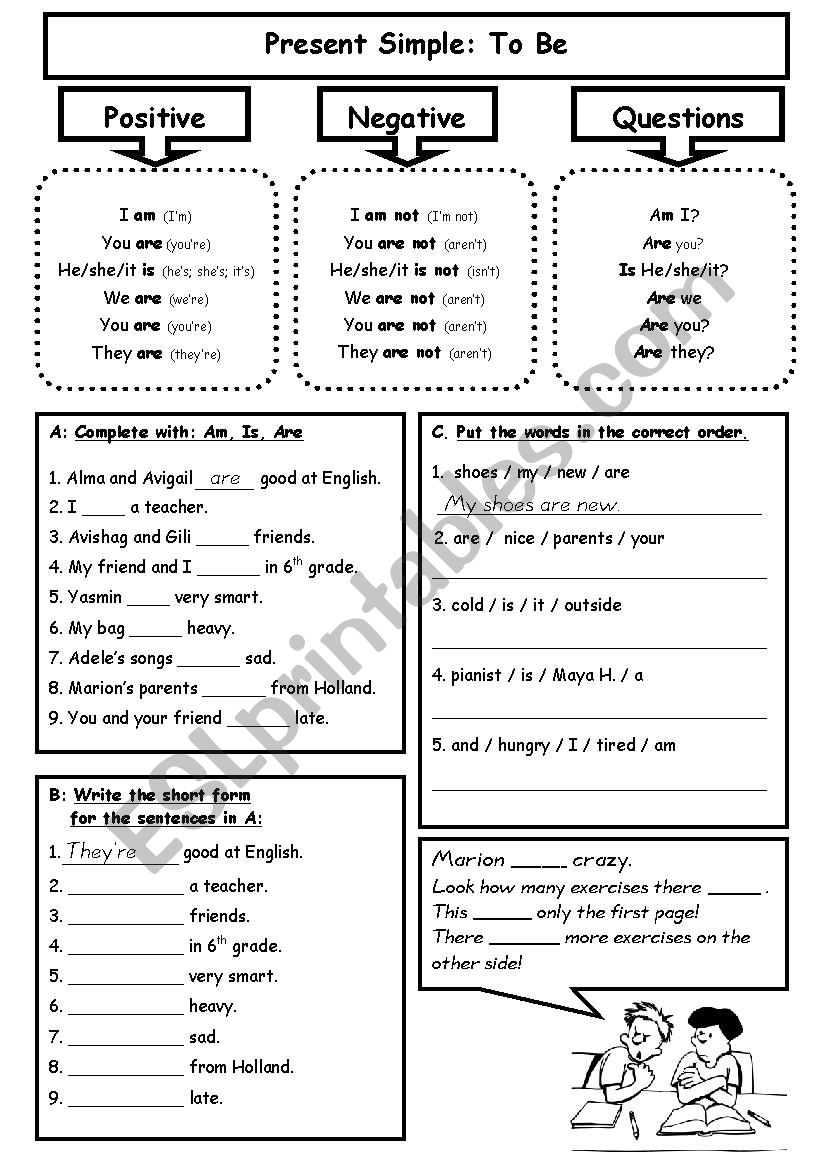 review of the verb to be in present tense 2 pages