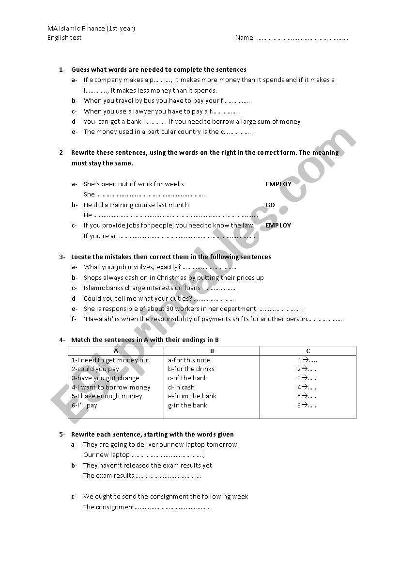 finance terms worksheet