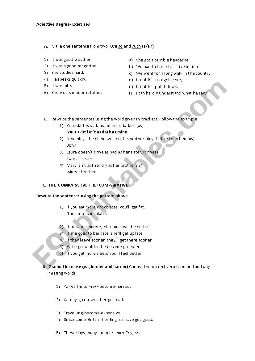 Adjective Degree worksheet