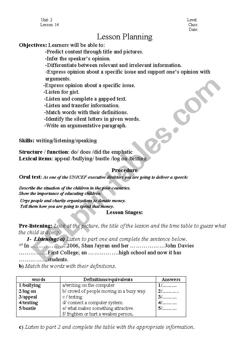 virtual school ( lesson plan) 4th year tunisian pupils