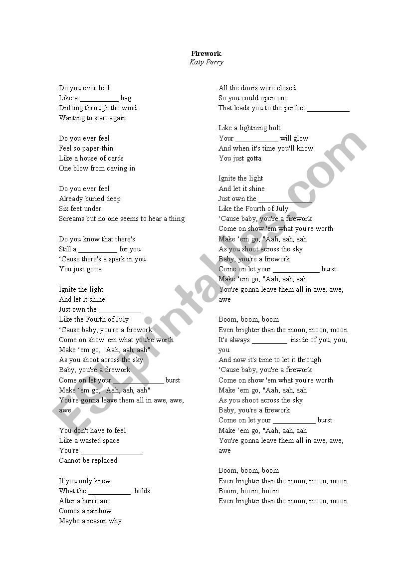 Firework - Katy Perry worksheet