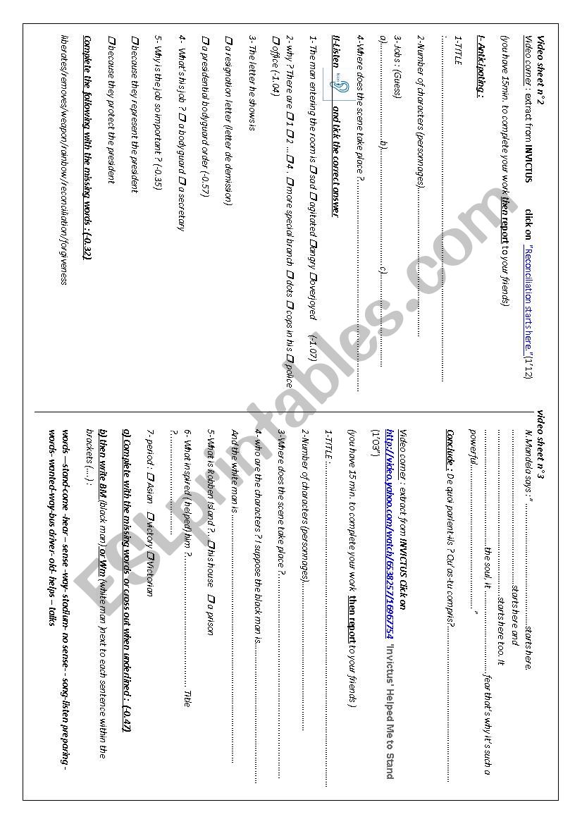 movie invictus worksheet