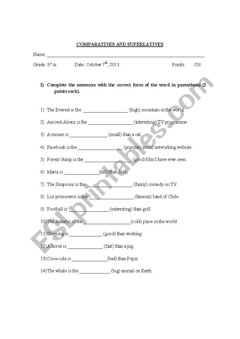 Comparative and Superlative worksheet